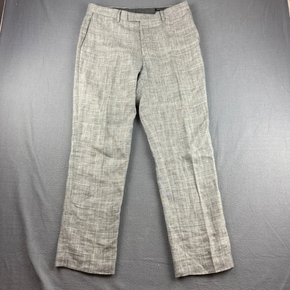 Banana Republic Pants Mens 32x30 (Fits 34) Gray Slim Fit 100% Linen Plaid Dress